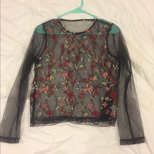 Sheer Black Top with Floral Appliqué